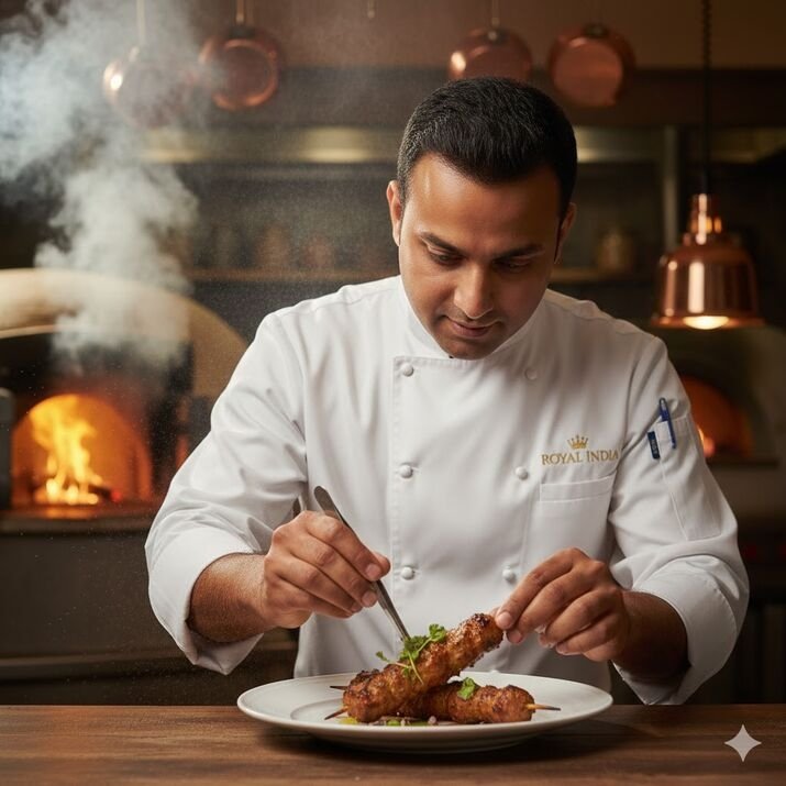 Indian chef preparing tandoori chicken in a traditional clay oven using an authentic Indian tandoor